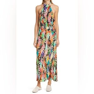 RIXO LONDON $435 Kendra Halterneck Printed Chiffon Maxi Dress In Multi RARE NEW